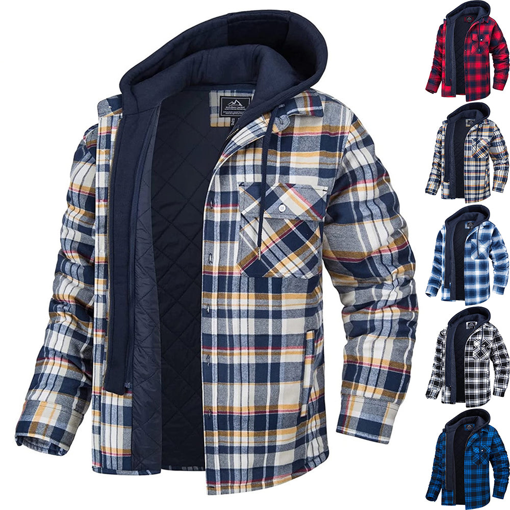 Men's Plaid Hooded Winter Coat Thick Padded Button Zip-Up Jacket Casual Outerwear