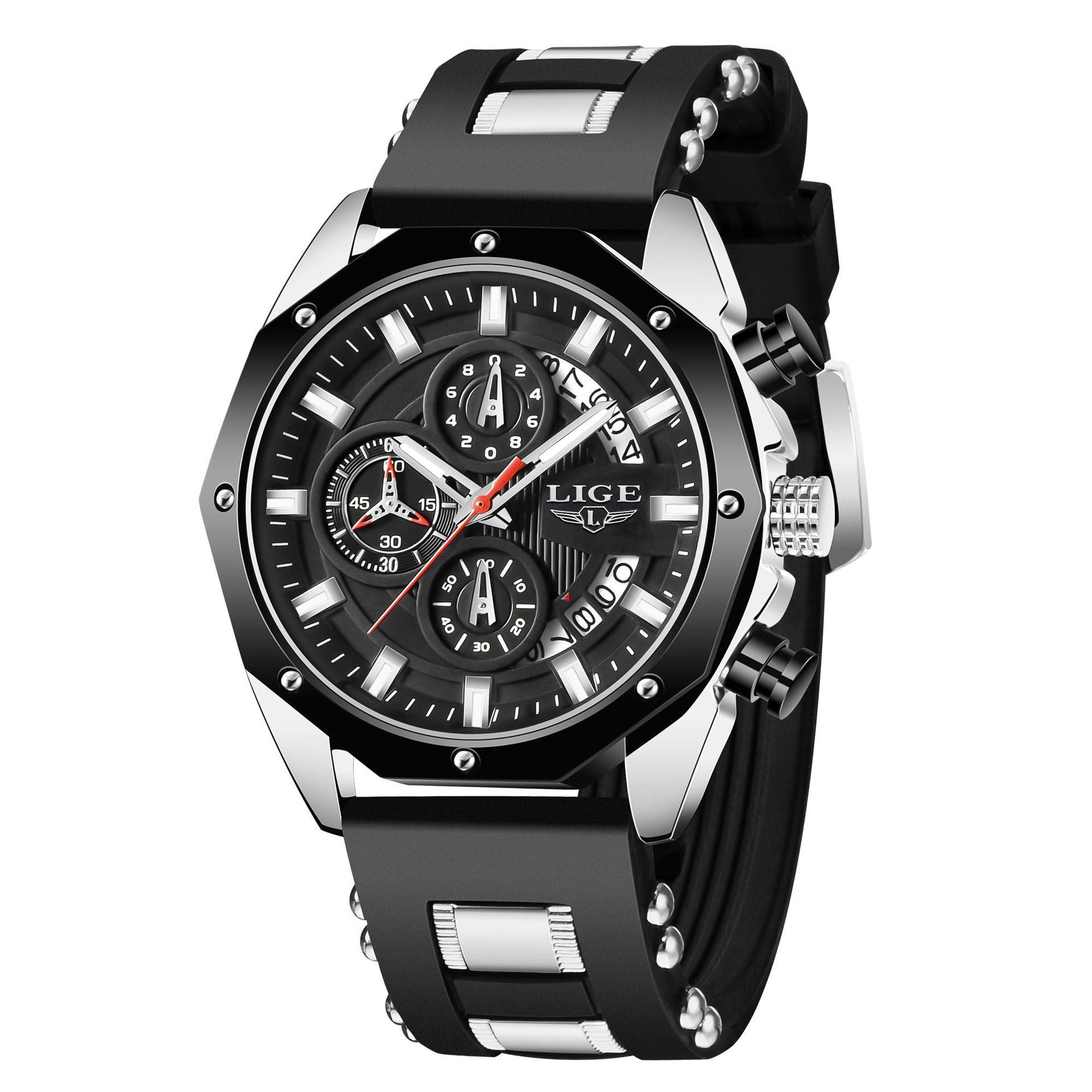 Luxury Mens Silicone Sport Watch Quartz Waterproof Chronograph Date 46mm Dial