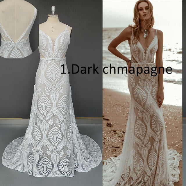 Bohemian V Neck Lace Backless Spaghetti Strap Beach Wedding Dress