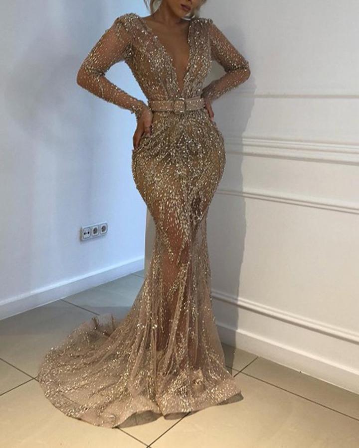Gold Sequined Long Sleeve Swing Dress Large Banquet Party Dress