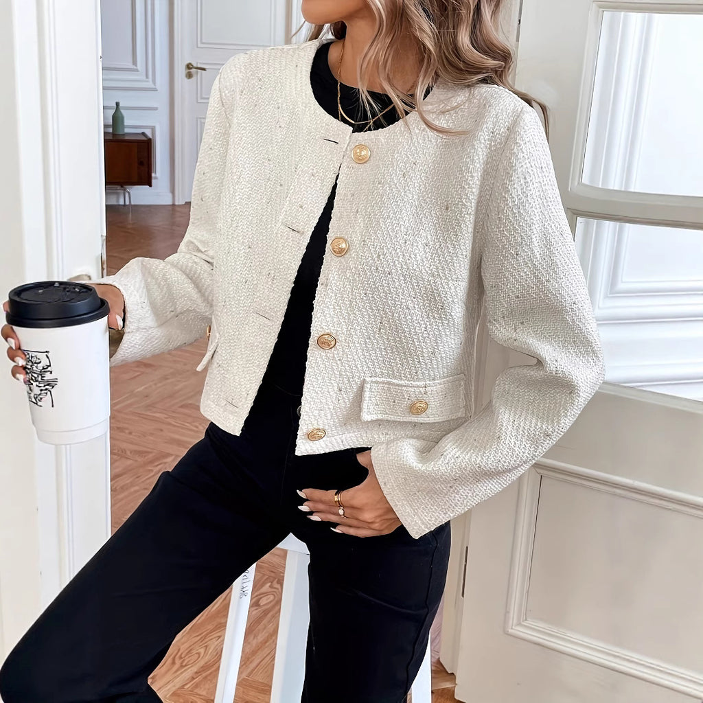 Milky White O-Neck Slim Wool Coat for Women