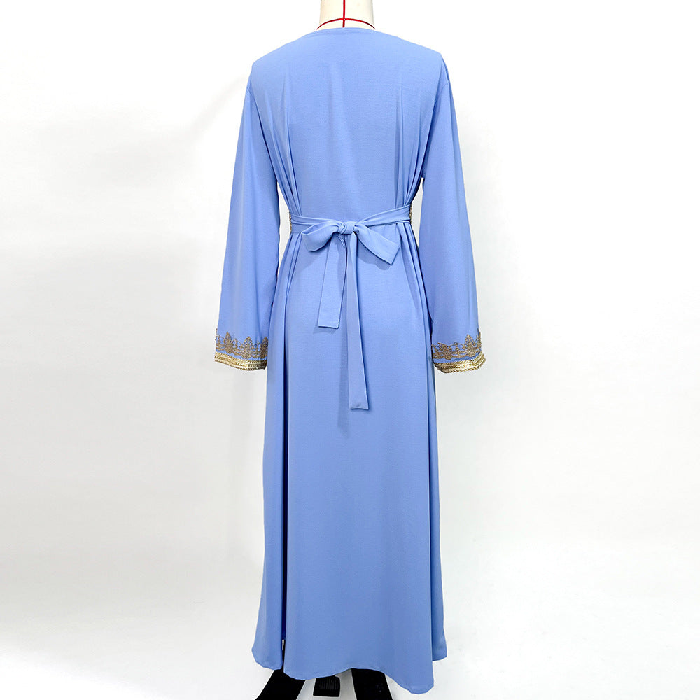 Light Blue Ribbon Hand-stitched Diamond Long Sleeve Arab Dress