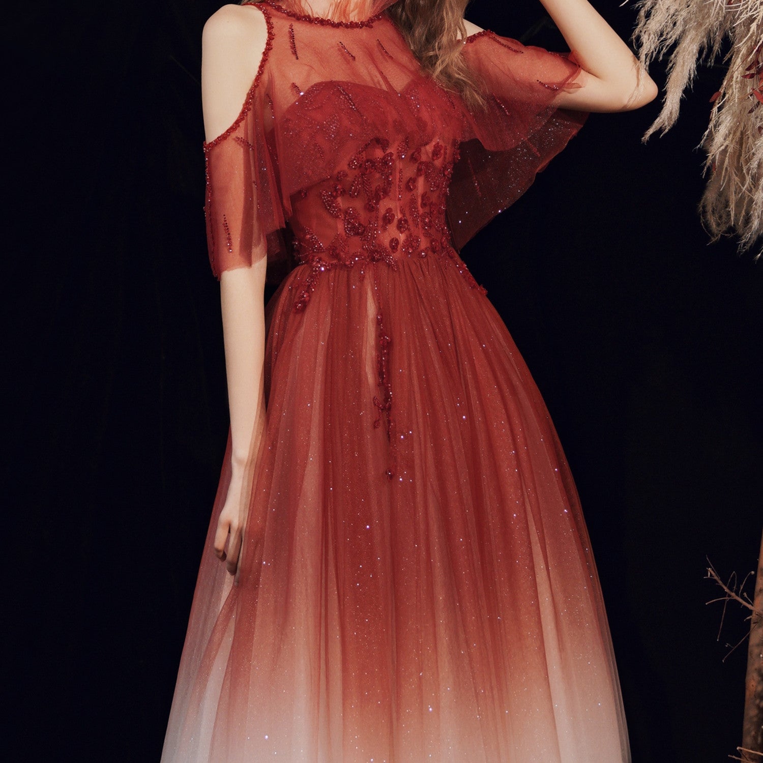 Women's Elegant Gradual Wine Red Mesh Evening Dress for Wedding Banquet