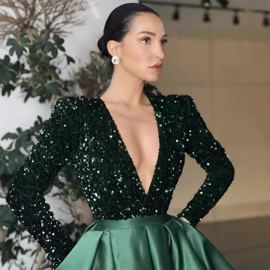 Robe de soirée longue à manches longues et col en V à paillettes pour femme, disponible en plusieurs couleurs