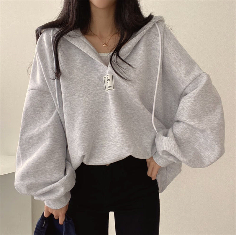 Womens Loose-Fit Hooded V-Neck Sweatshirt with Lace-Up Detail