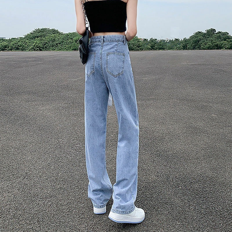 Women's Adjustable High Waist Straight Denim Jeans Loose Fit