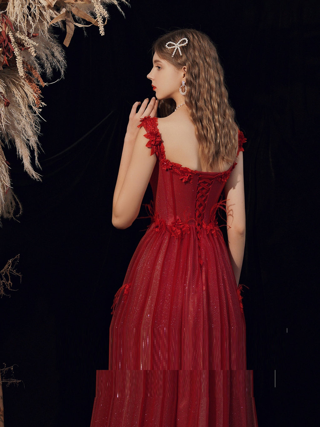 Mom's Wine Red Wedding Toast Dress with Handmade Flowers for Annual Meeting