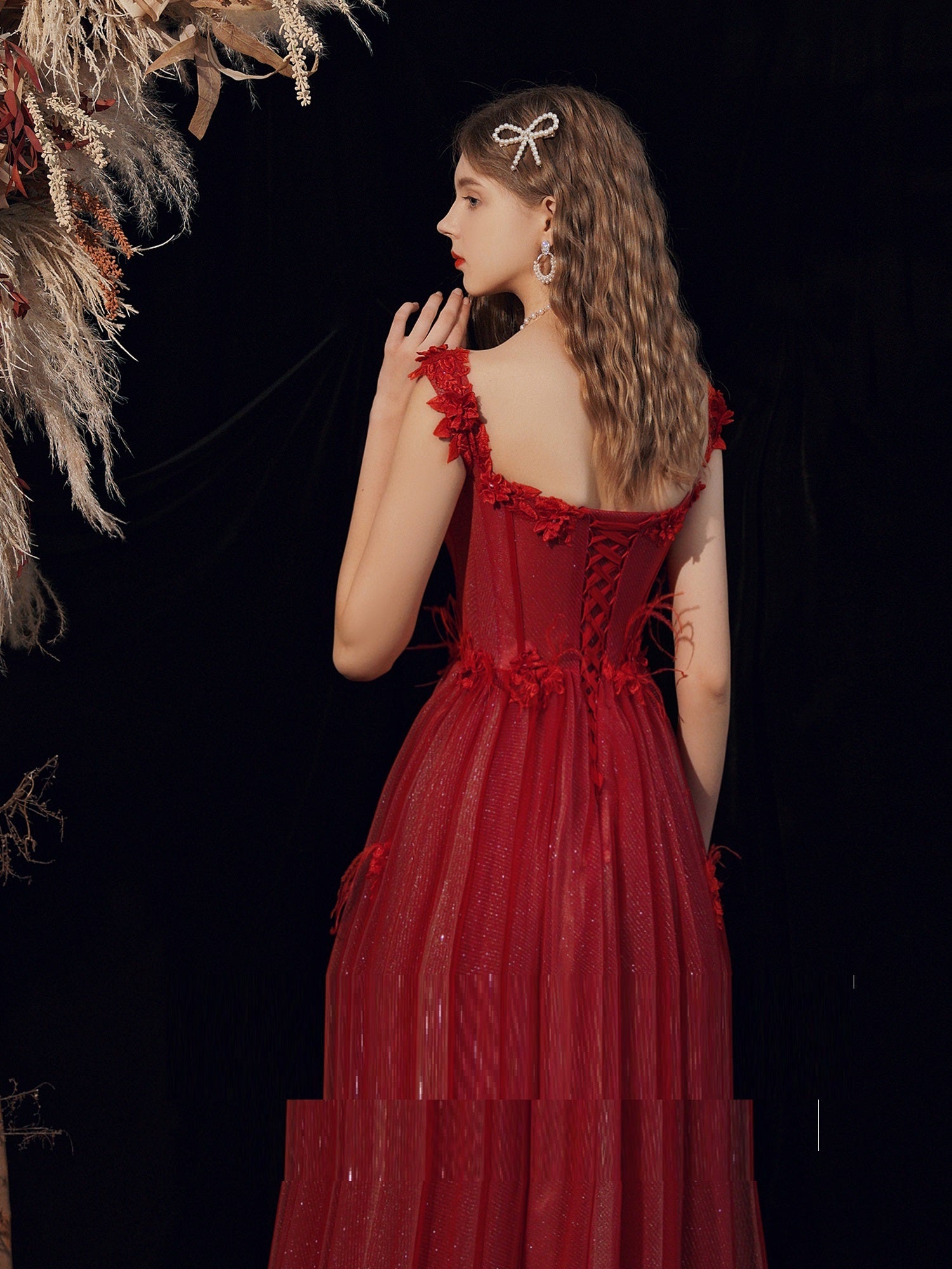Mom's Wine Red Wedding Toast Dress with Handmade Flowers for Annual Meeting