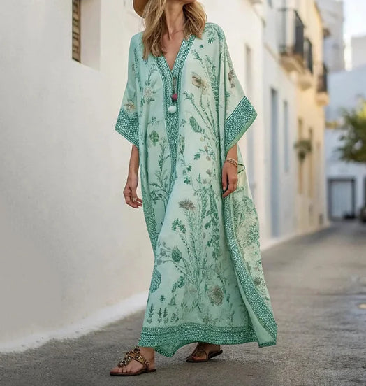 Linen Long Sleeve Arabian Kaftan Maxi Dress Vacation Style