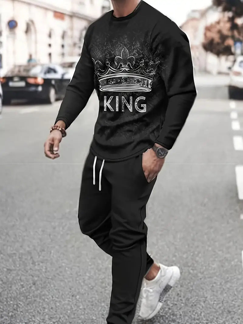 Men's 3D Digital Print Round Neck Sports Sweatshirt Suit