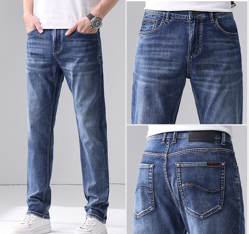 Men's Slim Fit Straight Jeans Mid Waist Cotton
