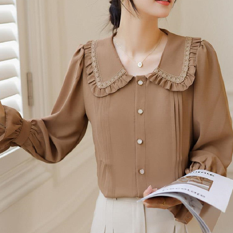 Doll Collar Long Sleeve Shirt with Ruffles in Creamy White and Brown