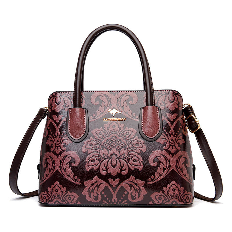 Ethnic Wind Flower Cowhide Shoulder Bag with Zipper Closure