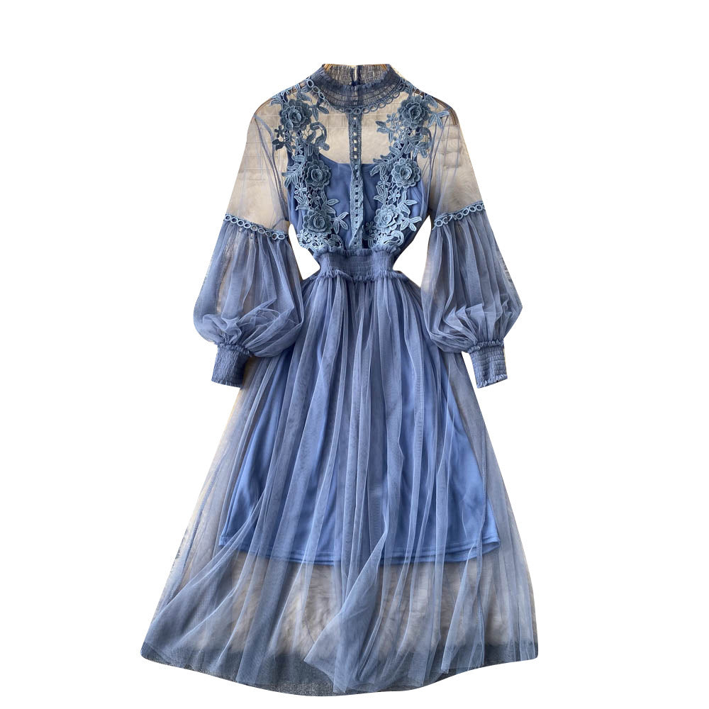 Mesh Stand Collar Lantern Sleeve High Waist Slimming Suspenders Dress