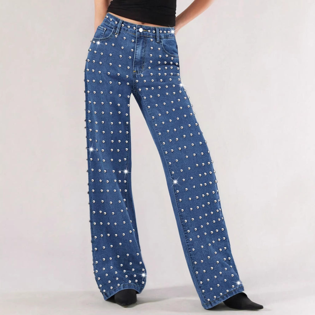 Jean droit taille mi-haute en denim bleu moyen pour femme : un look audacieux et tendance