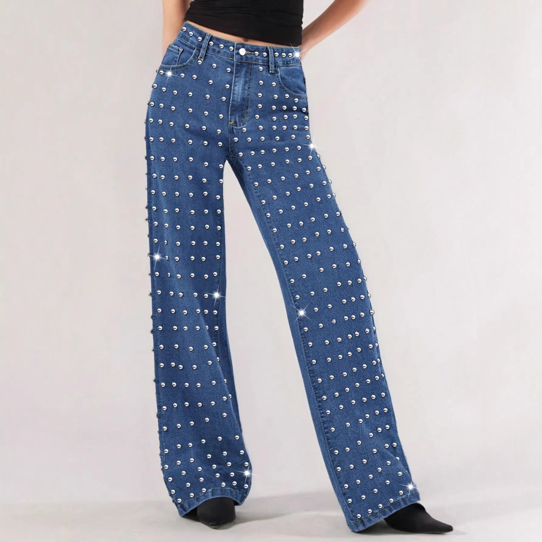 Jean droit taille mi-haute en denim bleu moyen pour femme : un look audacieux et tendance