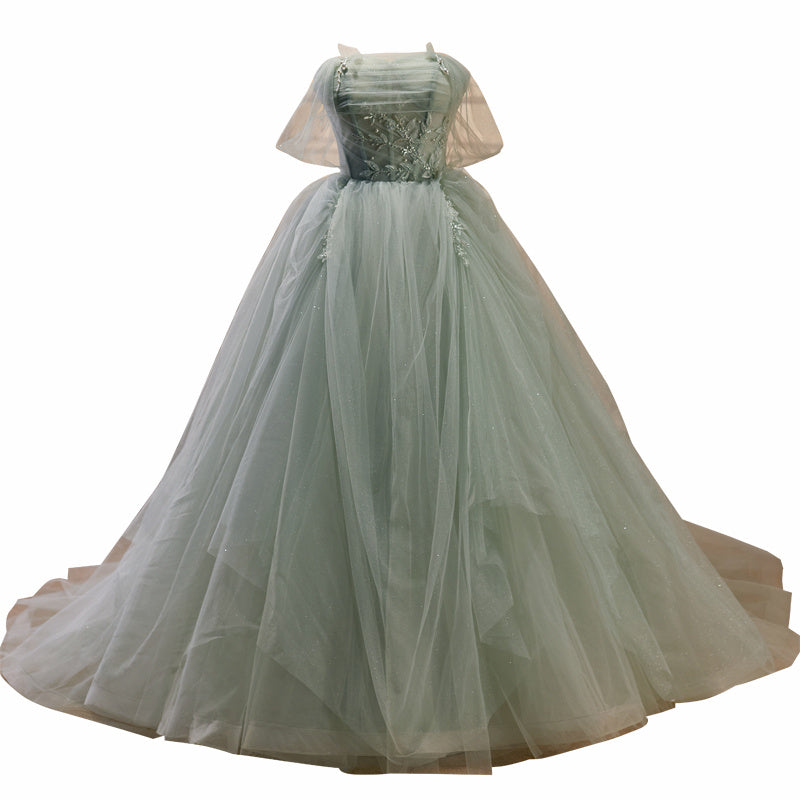 Robe de mariée de soirée en polyester vert beige avec traîne de haute qualité