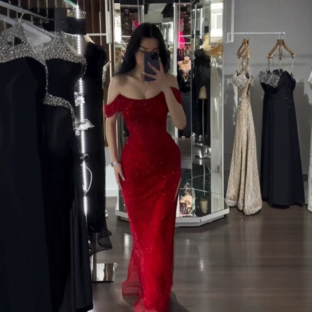 Women's Red Shiny High Slit Dress S-XXL