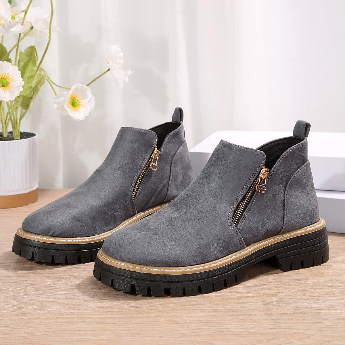 Women’s Suede Chunky Ankle Boots with Side Zipper – Autumn Winter, Mid Heel, Multiple Colors