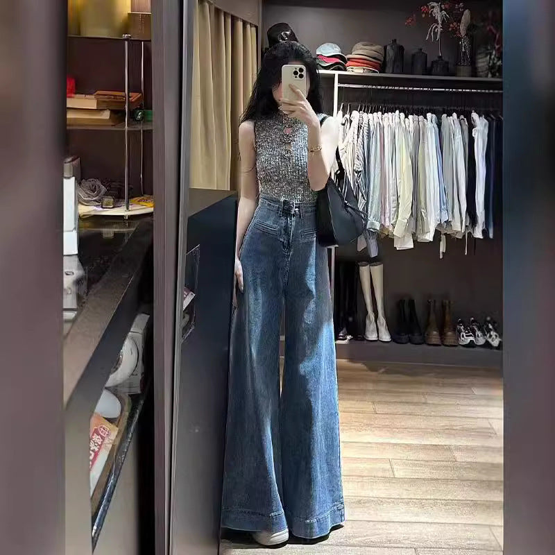 Jean large taille haute rétro bleu longueur ras du sol pour femme