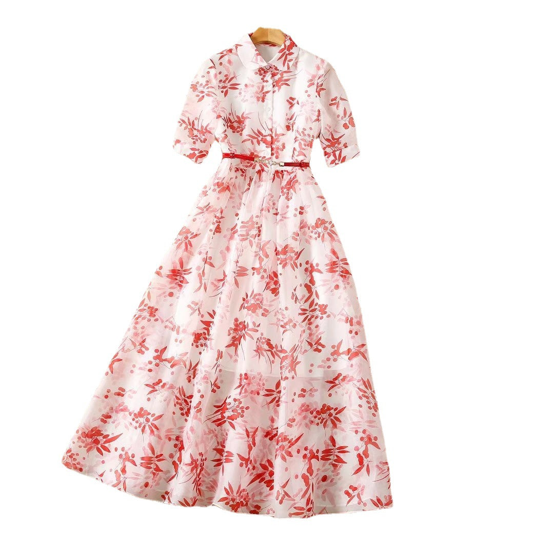 Robe trapèze élégante en fibre de polyester avec col Claudine et imprimé
