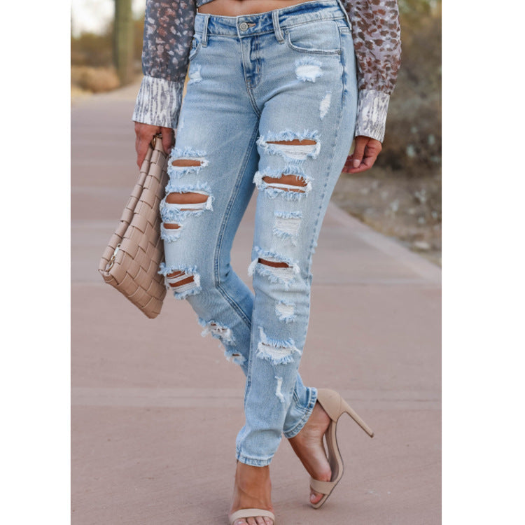 Women's Light Cotton Skinny Pants with Holes Mid Waist