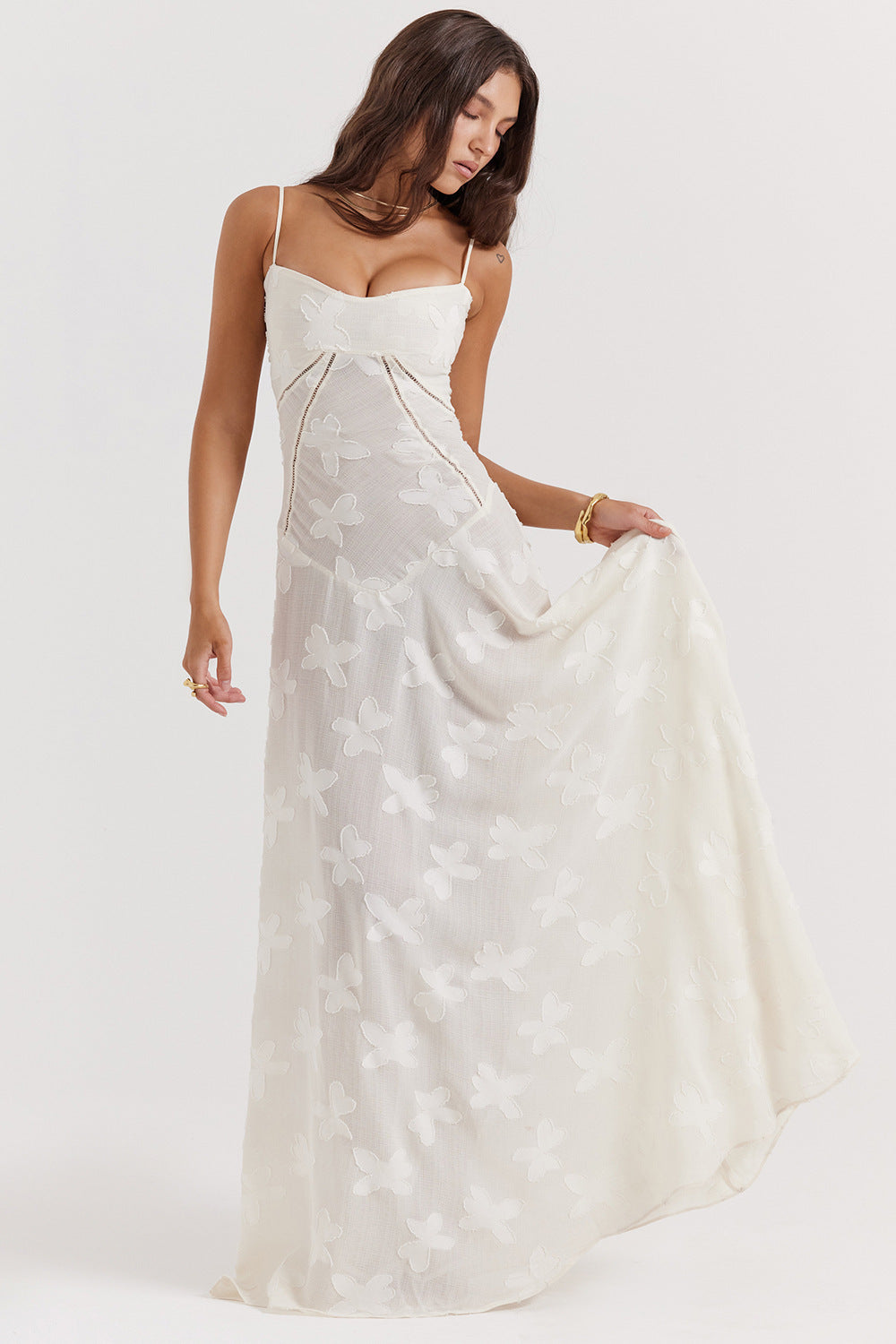 Robe Longue de Soirée Sexy en Dentelle Florale à Lacets et Bretelles pour Femme, Été, Coupe Ajustée