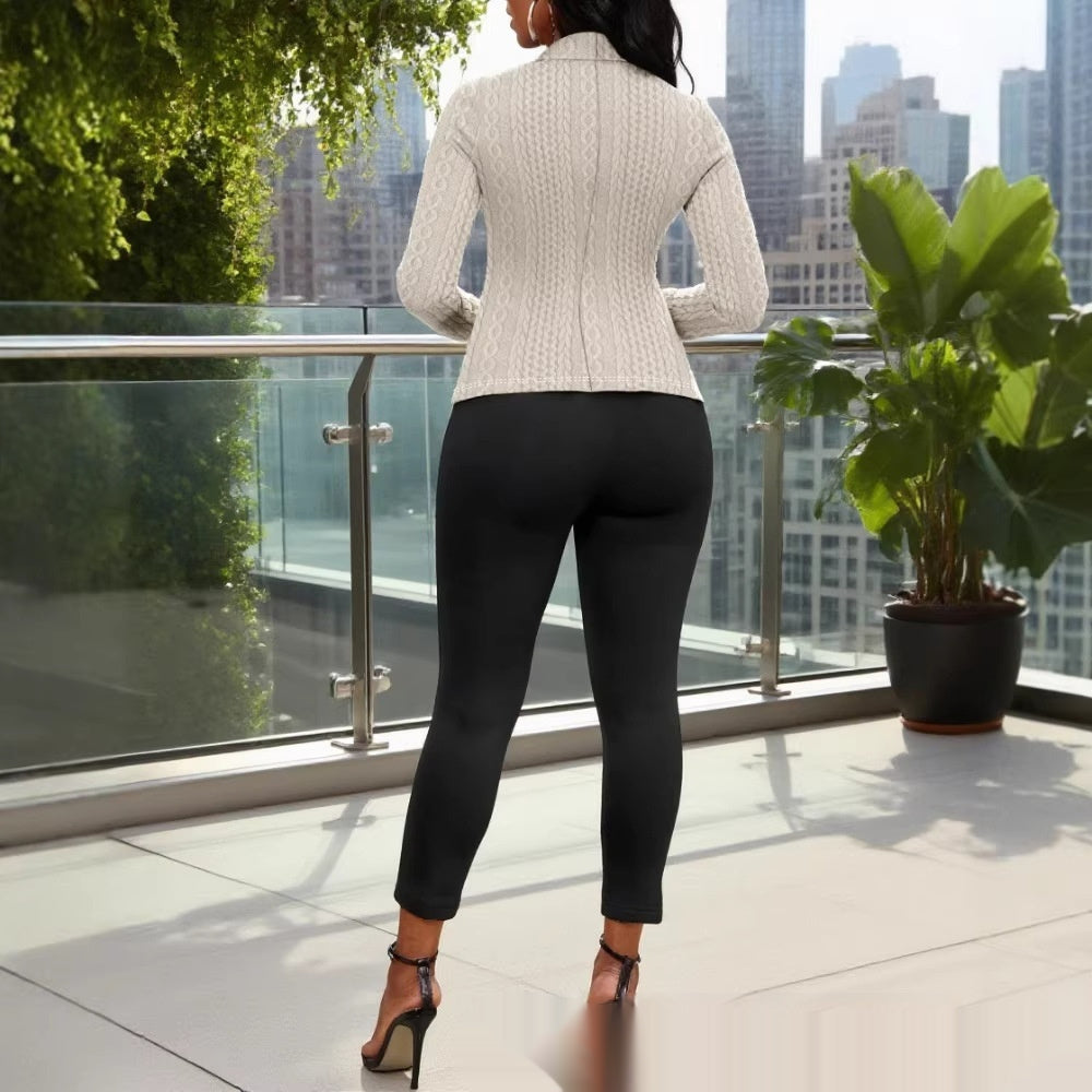 Womens Knitted Jacquard Lapel Fitted Waist Long Sleeve Coat