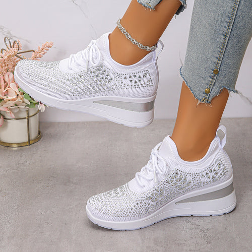 Ins Rhinestone Lace-Up Wedge Sneakers Women's Casual Commuting Sports Shoes