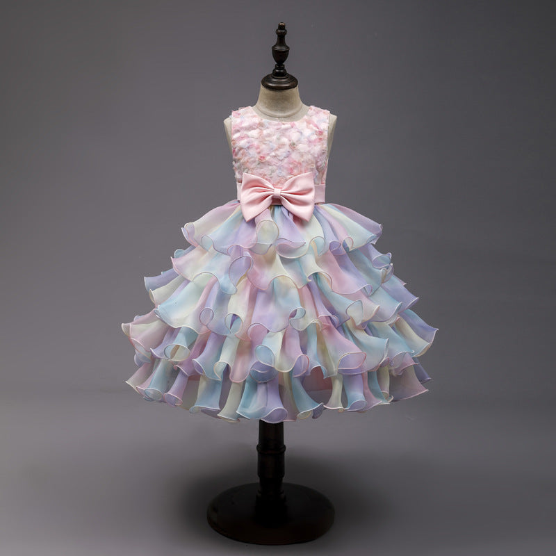 Children's Casual Princess Bow Dress in Pink, Blue, and Bean Paste