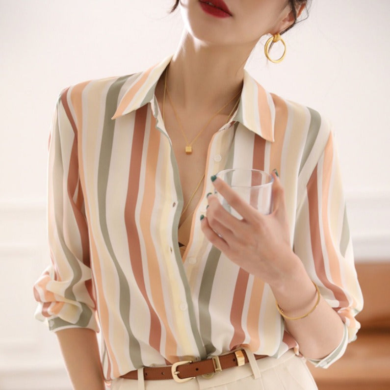 Women's Striped Long Sleeve Shirt Top Polyester S-3XL