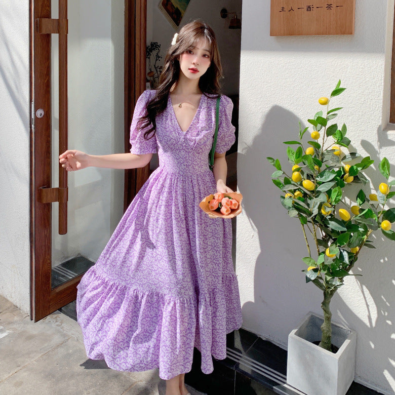 Chiffon Floral Dress with Big Swing in Purple & Blue