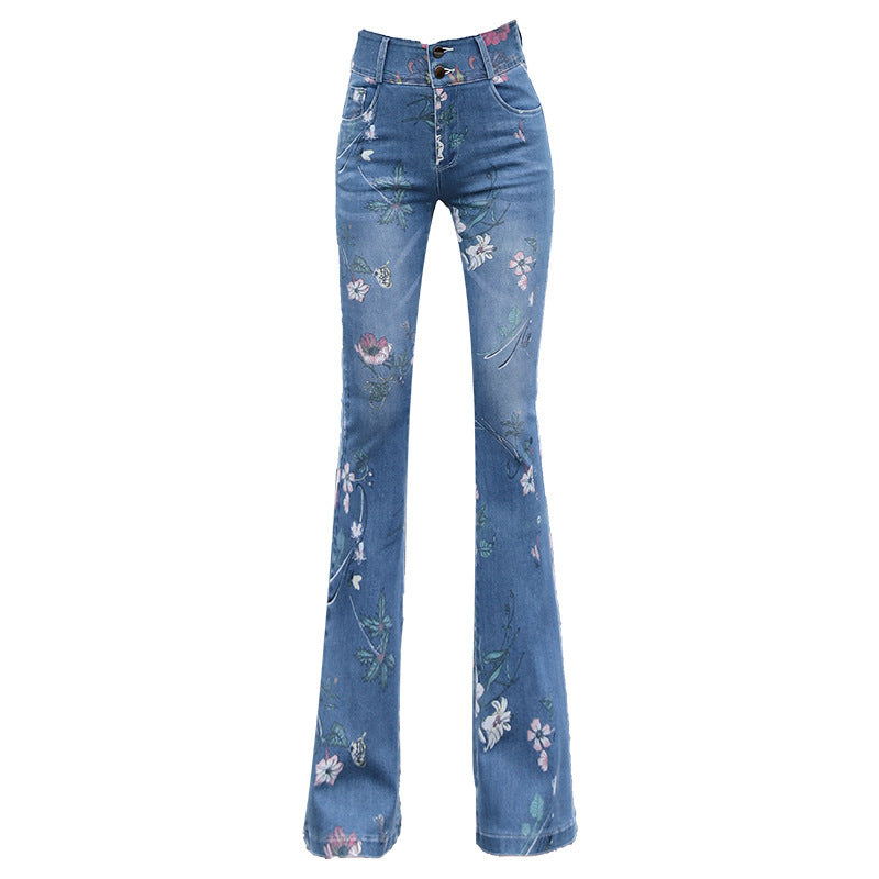 Women's Blue Cotton High-Waist Printed Trousers