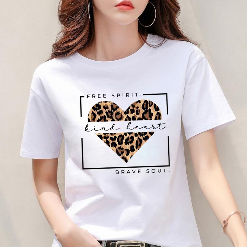 Modal Fabric Women's Leopard Print Heart Short Sleeve Top