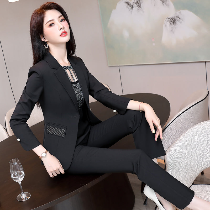 Tailleur-pantalon professionnel pour femmes en polyester avec manteau – Beige, Rouge, Noir, Tailles S-4XL