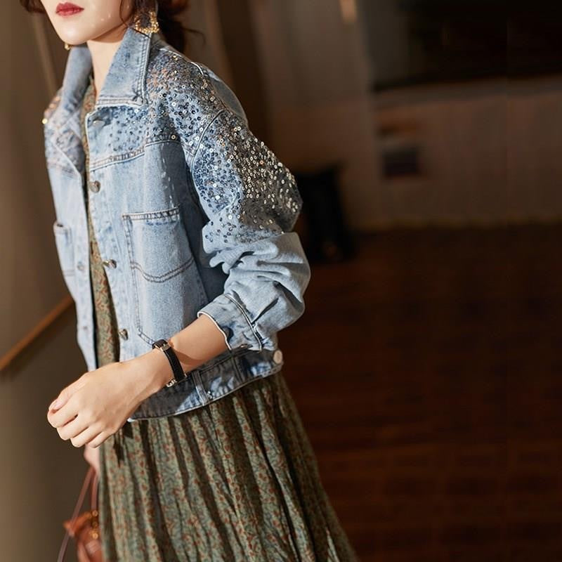 Women's Sequined Light Blue Denim Jacket Loose Fit Slim Cut