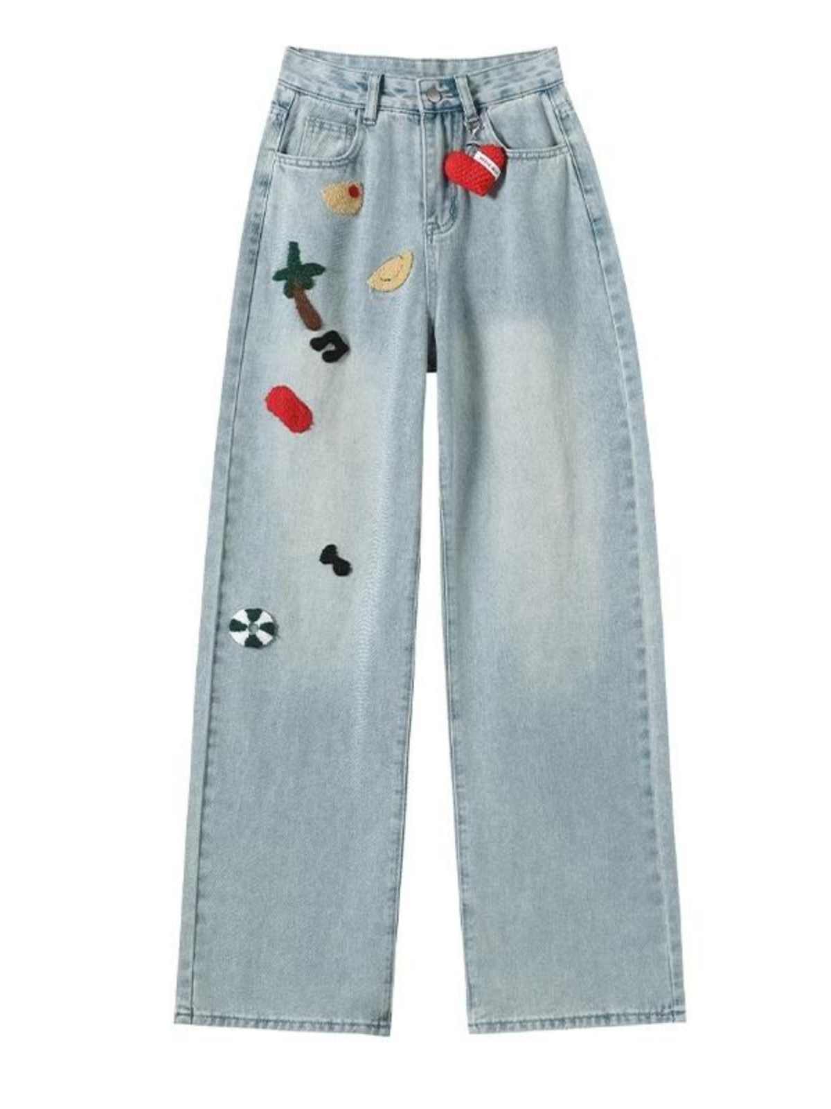 Women's High Waist Embroidered Wide-Leg Jeans Straight Mopping Pants