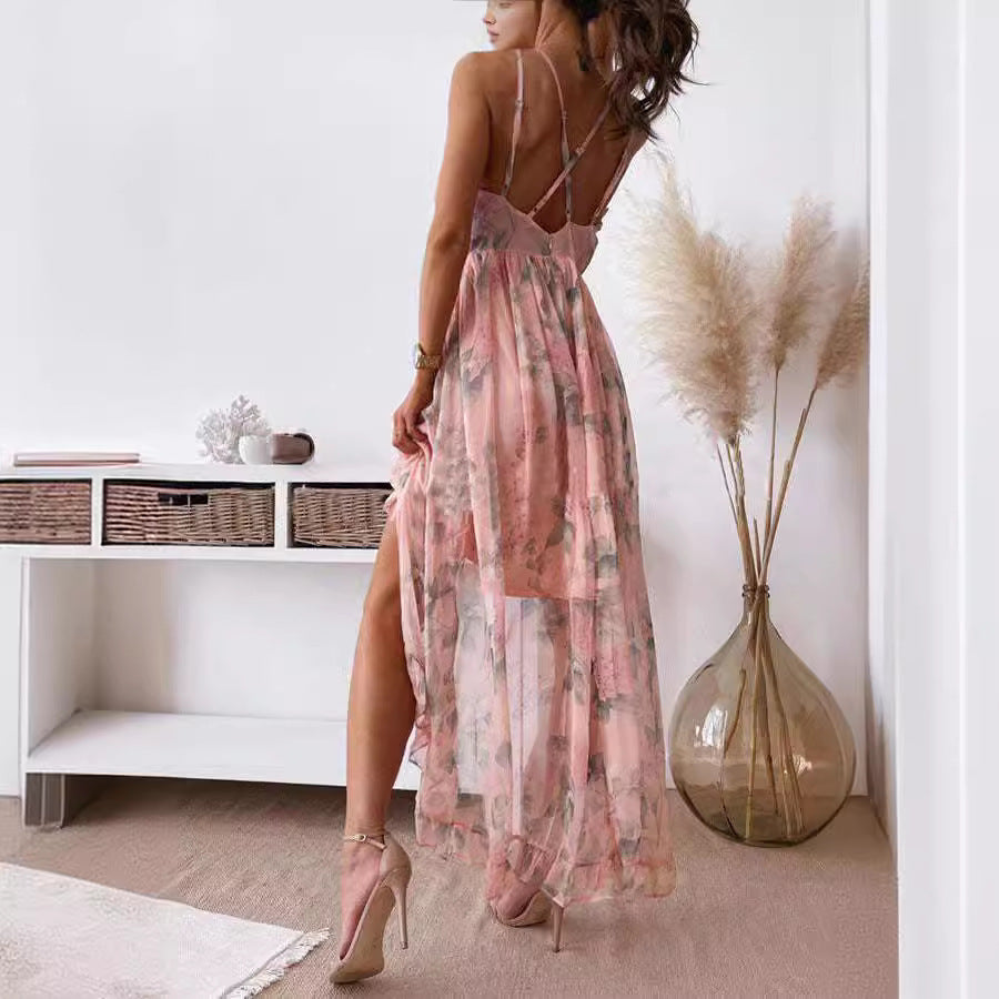 Sweet Temperament Fairy Print V-Neck Sleeveless Suspender Dress in White & Pink, Sizes S-2XL