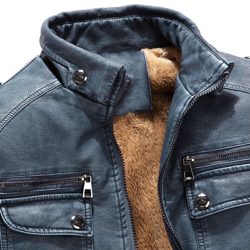 Men's Cowhide Leather Jacket with Velvet Lining Retro Washed Style