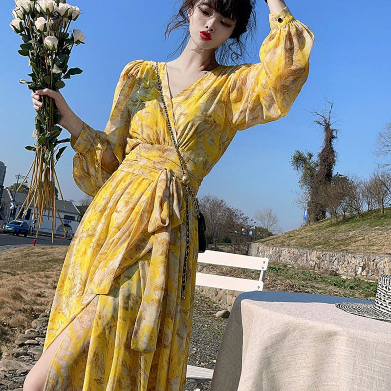 Yellow Floral V-Neck Slimming Chiffon Dress for Women