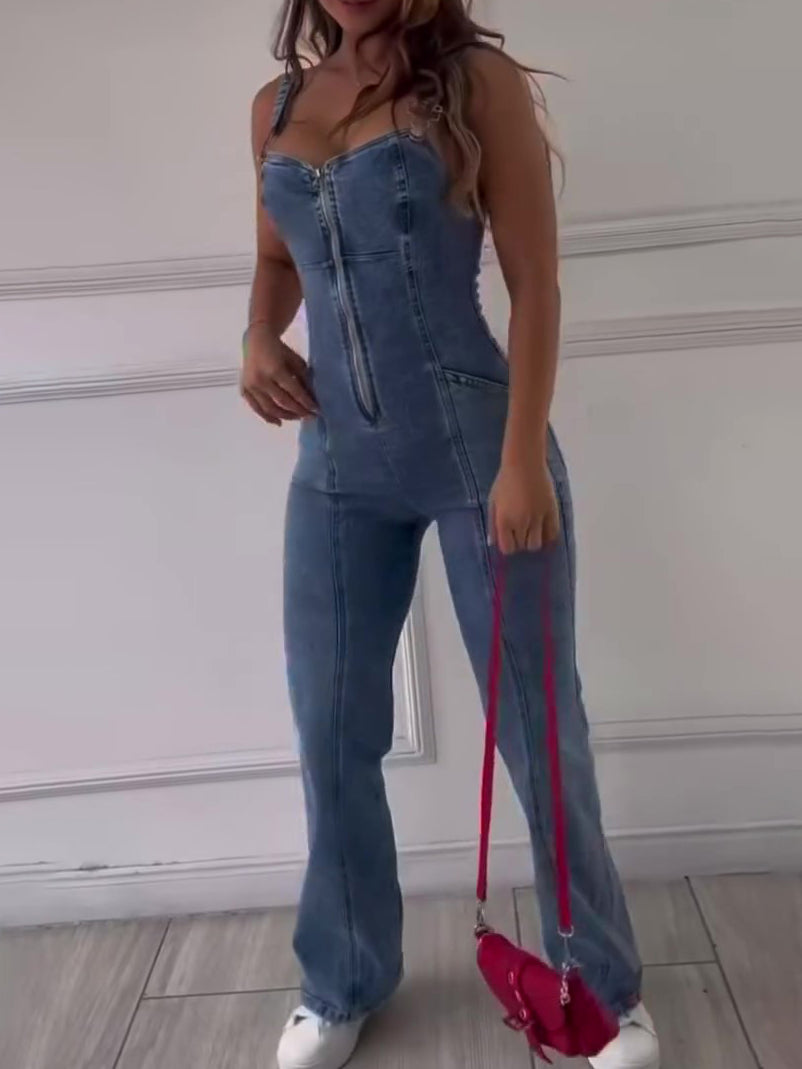 Sleeveless Paneled Denim Zipper Jumpsuit
