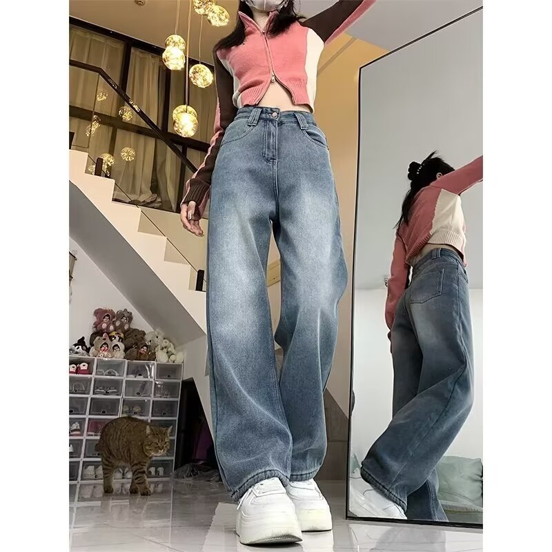 Jean droit taille haute doublé polaire pour femme