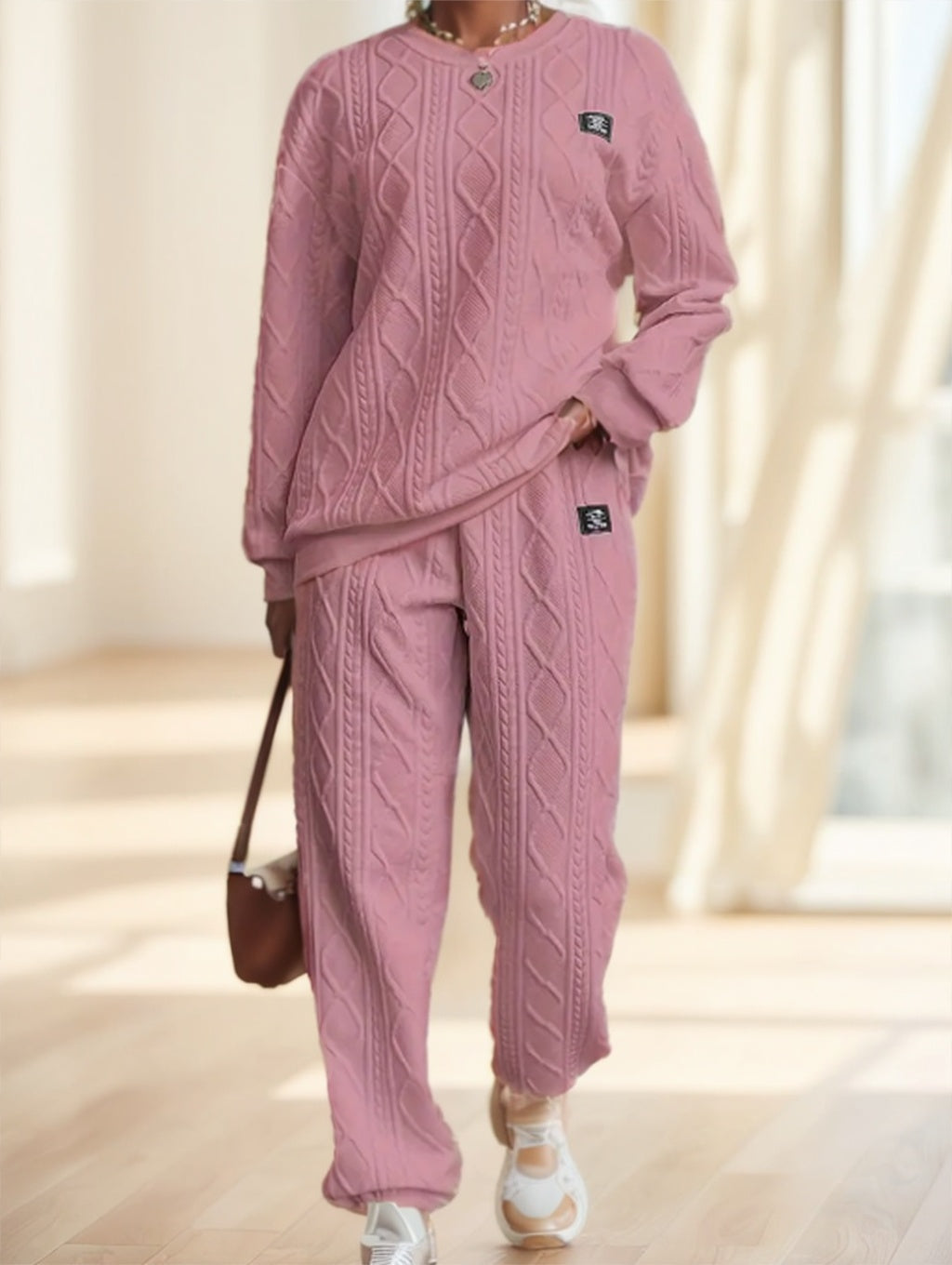 Casual Patch Cable Textured Pants Set, Long Sleeve Crew Neck Sweatshirt