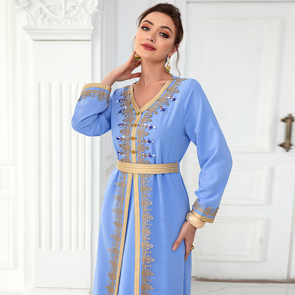 Light Blue Ribbon Hand-stitched Diamond Long Sleeve Arab Dress
