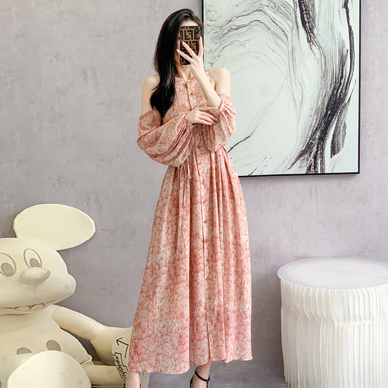 Women's High Waist Floral Lantern Sleeve Dress