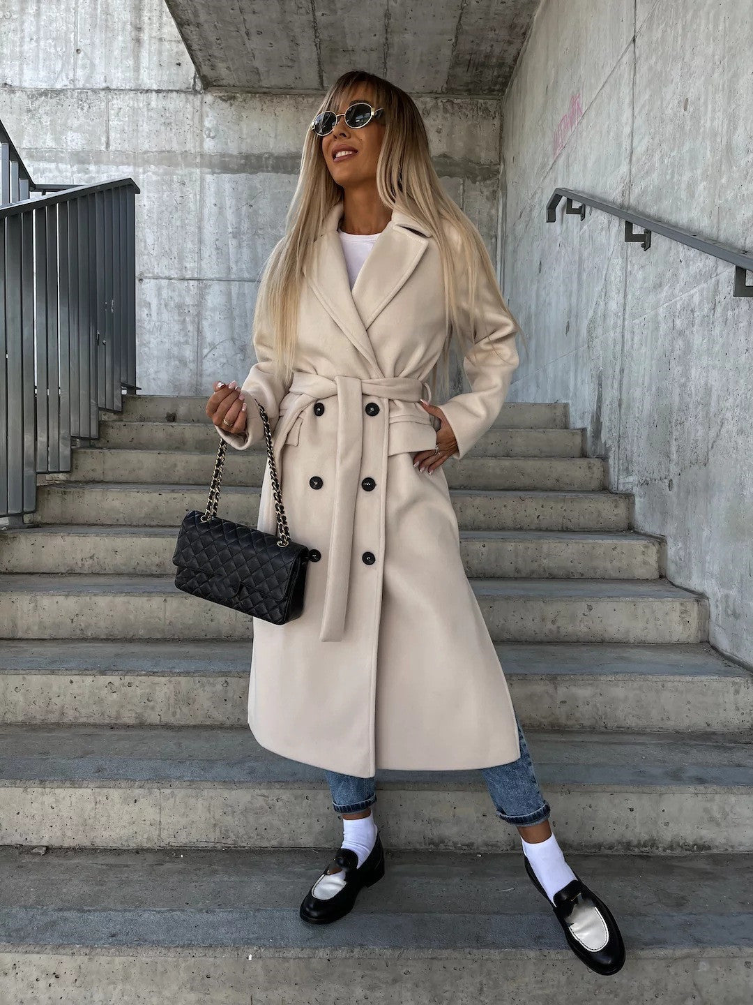 Double-Breasted Lapel Belted Long Sleeve Winter Jacket for Women