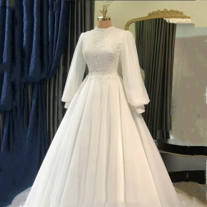 Raglan Sleeve Long Sleeve White Tutu Skirt Satin Wedding Dress