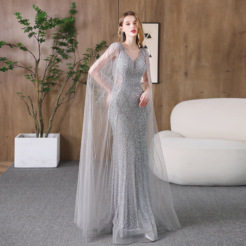 Silver Deep V-Neck Fishtail Evening Dress Slimming Banquet Gown