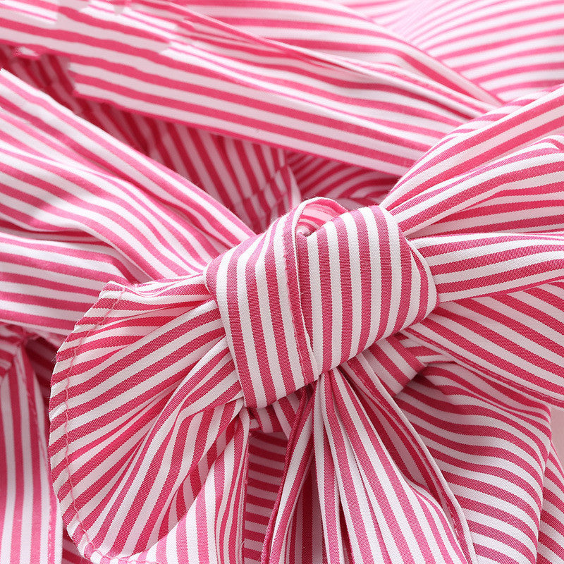 V-Neck Lace-Up Stripe Dress in Pink & Navy, S-XL