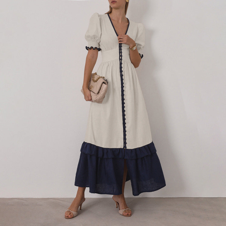 Robe-cardigan en lin abricot avec manches à volants contrastantes